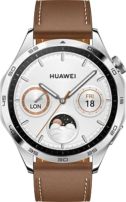 Смарт-часы Huawei Watch GT 4 Phoinix-B19L 46мм 1.43" AMOLED корп.серебристый рем.коричневый разм.брасл.:140-210мм (55020BGX)