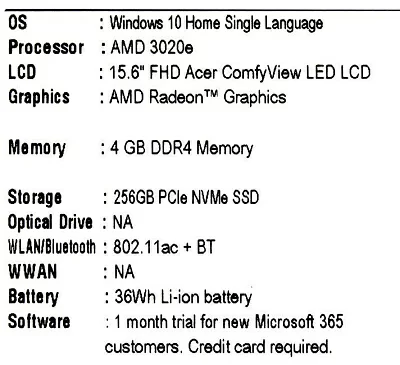 Ноутбук Acer Extensa 15 EX215-22-A2AZ 3020e 4Gb SSD256Gb AMD Radeon 15.6" TN FHD (1920x1080) Windows 10 black WiFi BT Cam