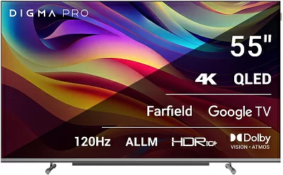 Телевизор QLED Digma Pro 55" QLED 55L Google TV Frameless черный/серебристый 4K Ultra HD 120Hz HSR DVB-T DVB-T2 DVB-C DVB-S DVB-S2 USB WiFi Smart TV