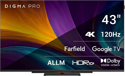 Телевизор LED Digma Pro 43" UHD 43C Google TV Frameless черный/черный 4K Ultra HD 120Hz HSR DVB-T DVB-T2 DVB-C DVB-S DVB-S2 USB WiFi Smart TV