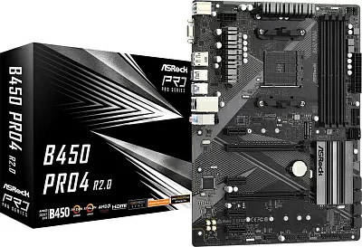 Материнская плата Asrock B450 PRO4 R2.0 Soc-AM4 AMD B450 4xDDR4 ATX AC`97 8ch(7.1) GbLAN RAID+VGA+HDMI+DP