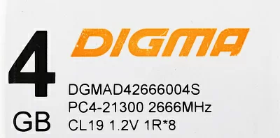 Память DDR4 4Gb 2666MHz Digma DGMAD42666004S RTL PC4-21300 CL19 DIMM 288-pin 1.2В single rank Ret