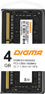 Память DDR3L 4Gb 1600MHz Digma DGMAS31600004S RTL PC3-12800 CL11 SO-DIMM 204-pin 1.35В single rank Ret